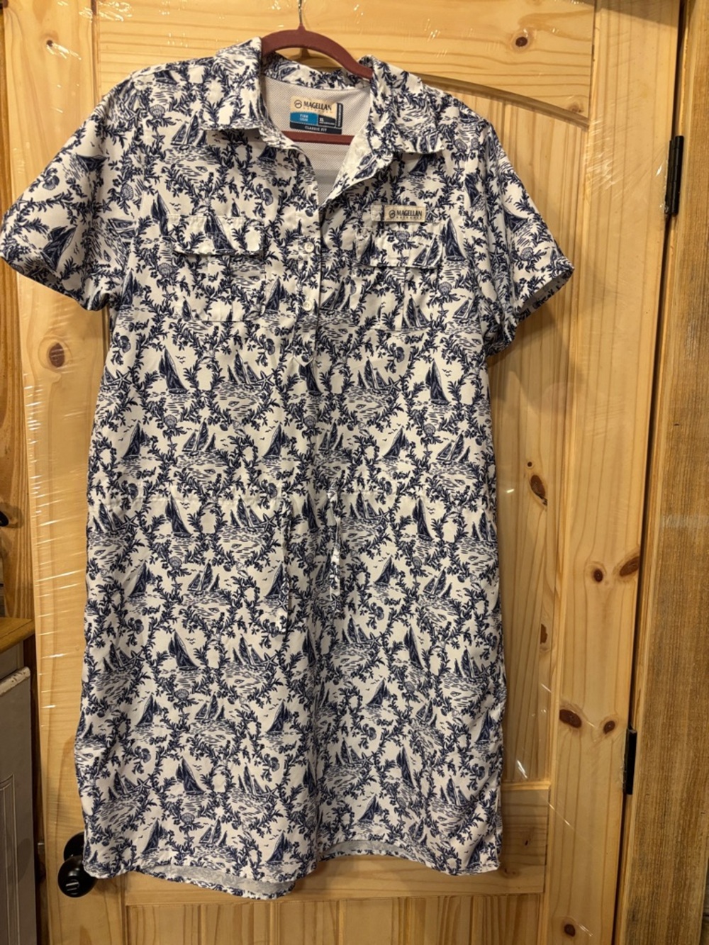 Magellan Outdoors White Dress with Navy Blue Floral Print